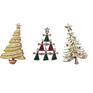 Lot Of 3 Christmas Tree Holiday Brooch Pins Gold Tone Vintage - Modern Fashion